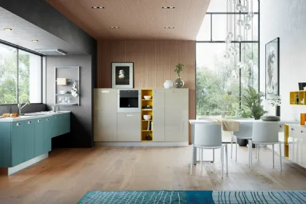 Cucina Moderna Zoe in laccato lucido Sasso e laccato opaco Verde Fiordo di Creo