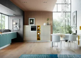 Cucina Moderna Zoe in laccato lucido Sasso e laccato opaco Verde Fiordo di Creo